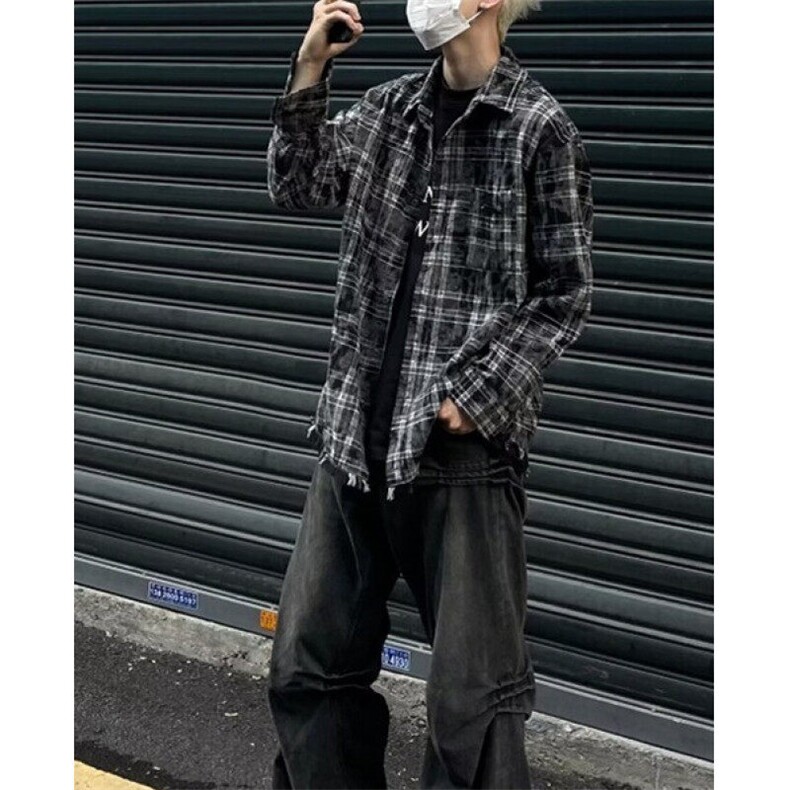 日系秋季潮美式复古格子磨毛长袖衬衫标准文艺常规碎花CS336,男装衬衫,星座1116A（原606A-3）