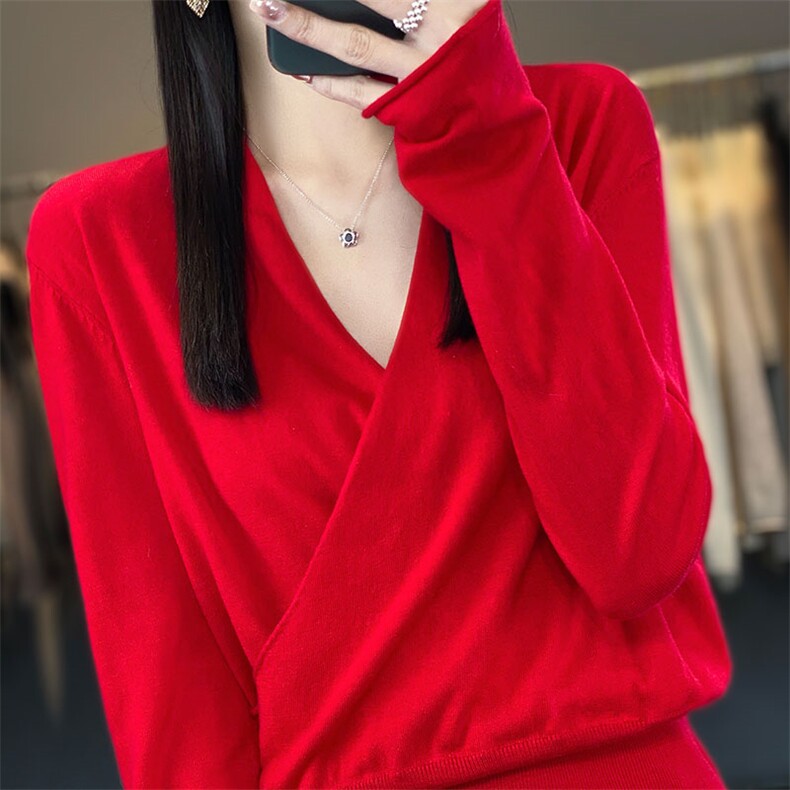 春秋新款精纺超细羊毛针织衫女交叉V领毛衣打底宽松羊绒裹胸上衣,针织衫/毛衣,琳华羊绒