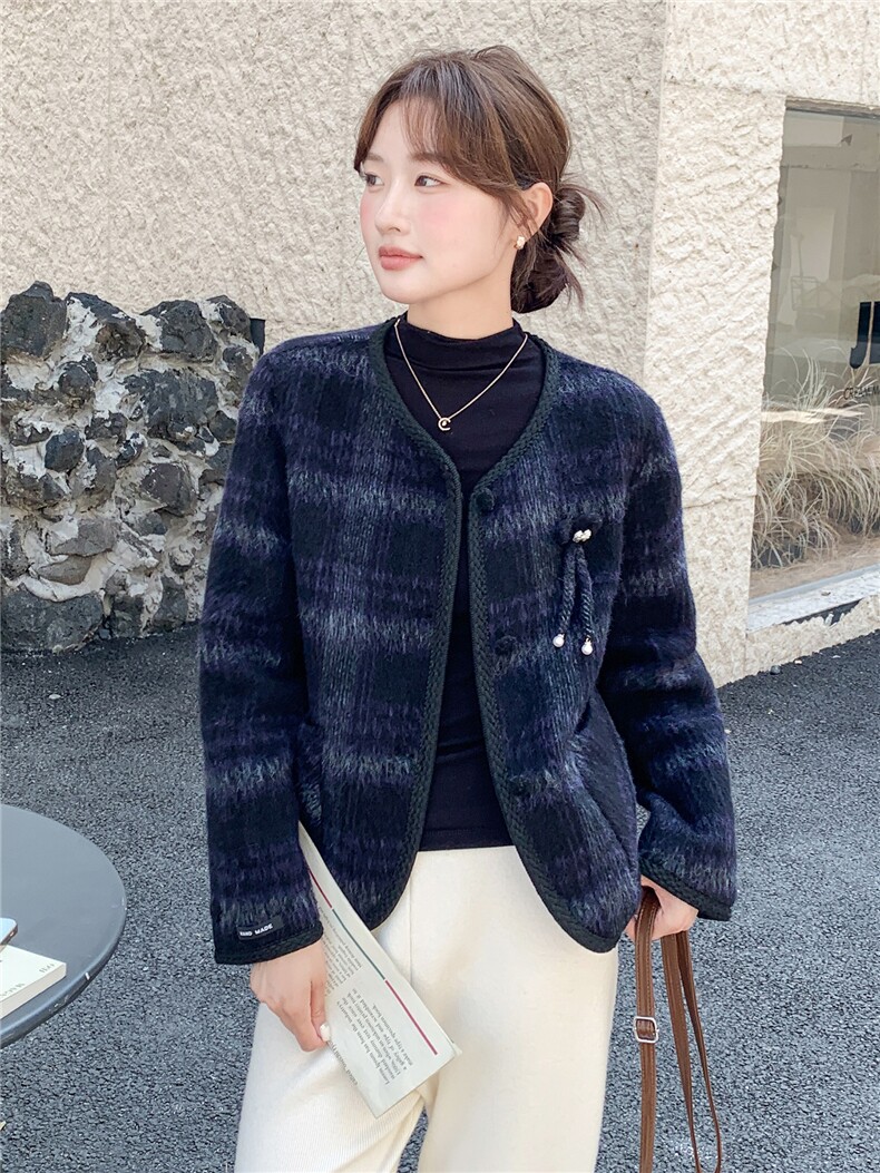 韩系小香风拼接羊毛呢外套女秋冬2025新款设计气质小个子短款大衣,女装毛呢外套,1C130