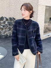 韩系小香风拼接羊毛呢外套女秋冬2025新款设计气质小个子短款大衣，女装毛呢外套，1C130
