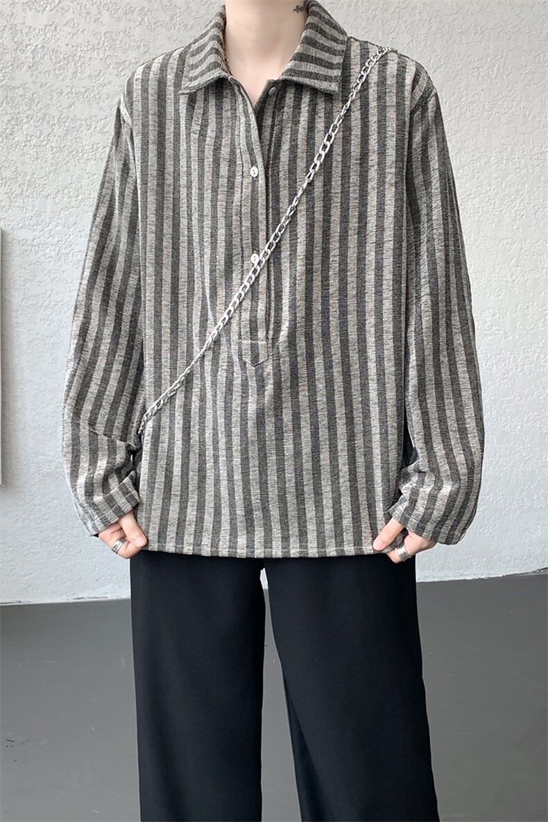 S-3XL复古条纹半开领长袖衬衫上衣宽松慵懒休闲衬衣男CS534P48,男装衬衫,电商D206-1