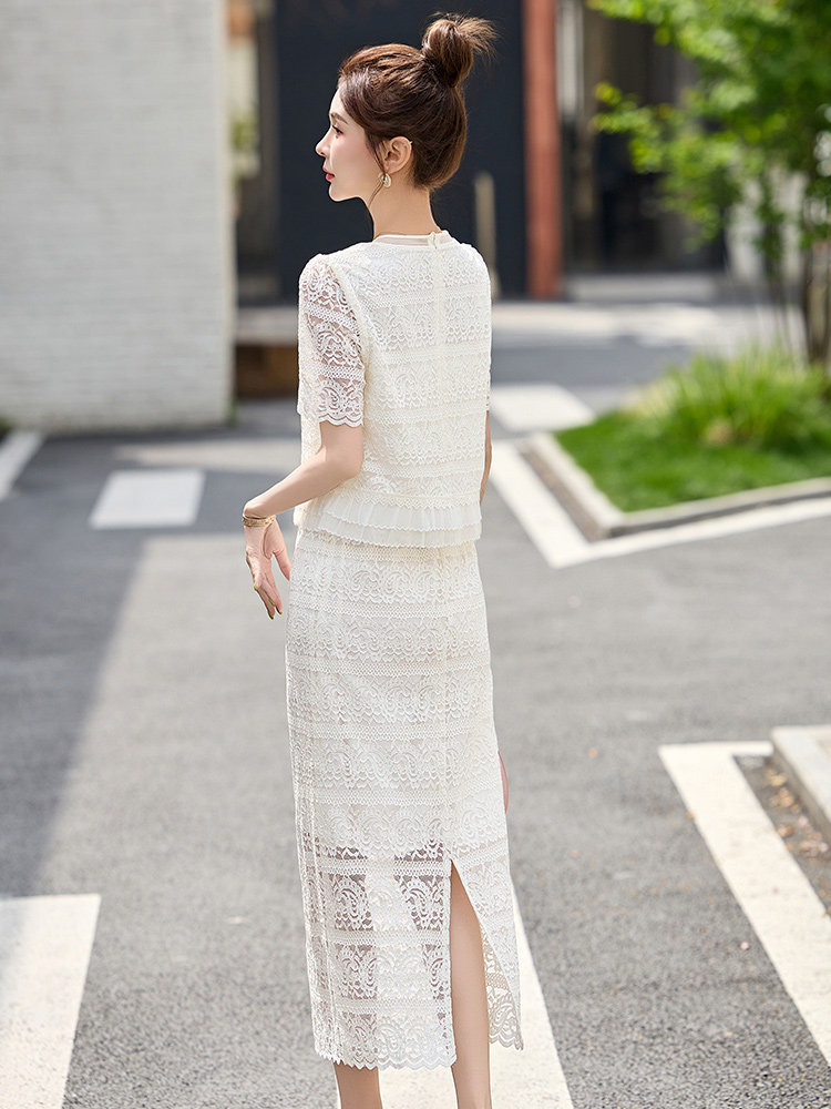 小香风名媛气质套装裙女2025夏新款洋气蕾丝镂空上衣半身裙两件套,女装套装/套裙,韩宇舍