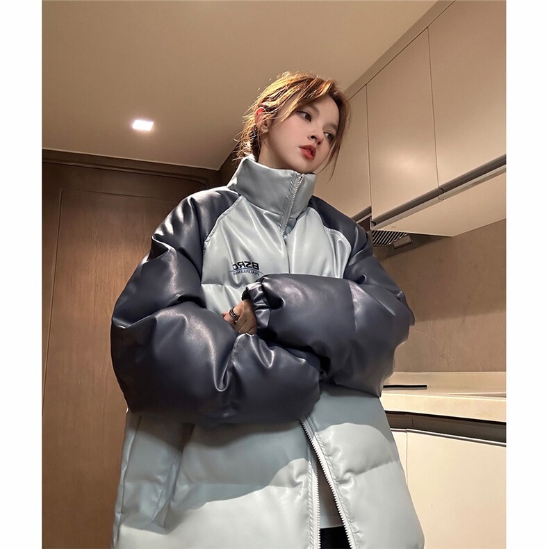 EQ346 PU皮棉衣撞色油墨印花冬季加厚面包服外套男女情侣装2023图片