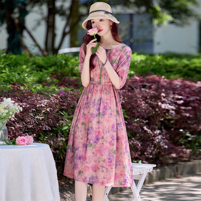 洋气减龄印花棉麻连衣裙女2025夏季高端刺绣气质收腰显瘦短袖裙子,女装连衣裙,魅影