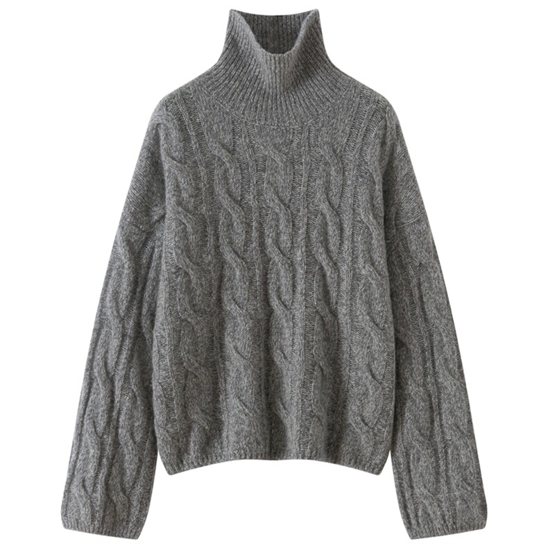 2025年秋季常规套头单件长袖麻花高翻领时尚百搭通勤，女装针织衫/毛衣，多娇羊绒