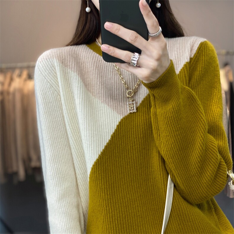 圆领拼色新款秋冬季针织衫羊毛衫女2024年秋季,女装羊毛衫,琳尚羊绒