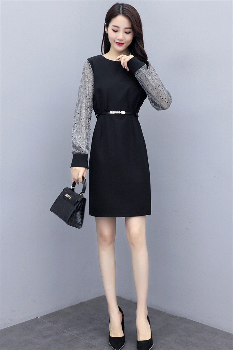 欧洲站2025春秋新款宽松显瘦胖MM大码网纱拼接长袖直筒连衣裙女装，女装连衣裙，凝聚力