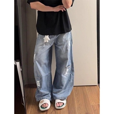 美式复古水洗多口袋弯刀牛仔裤男女街头潮牌宽松休闲阔腿拖地长裤，男装牛仔裤，四季星座505