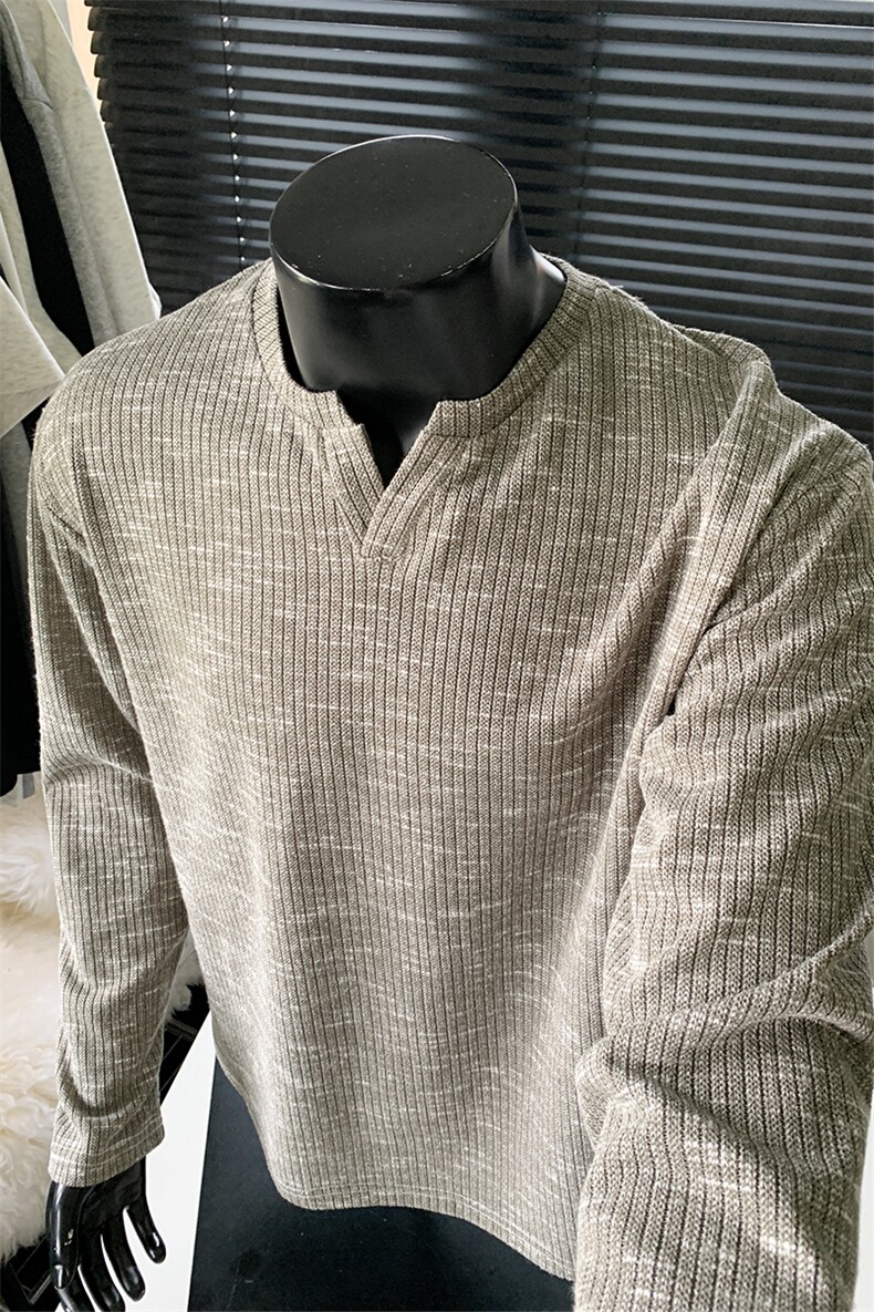 重磅老钱风V领长袖T恤男秋季潮牌肌理感cleanfit宽松休闲上衣外套,男装T恤,电商A233-1