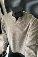 重磅老钱风V领长袖T恤男秋季潮牌肌理感cleanfit宽松休闲上衣外套，男装T恤，电商A233-1