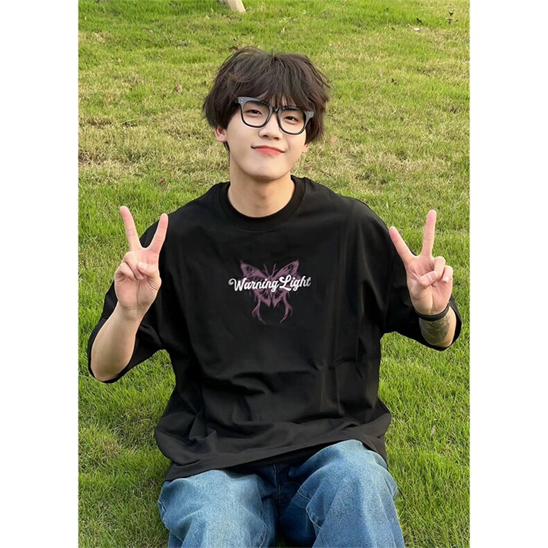 抖音得物供货210克现货宽松纯棉美式潮牌印花落肩袖纯棉T恤AT2175图片