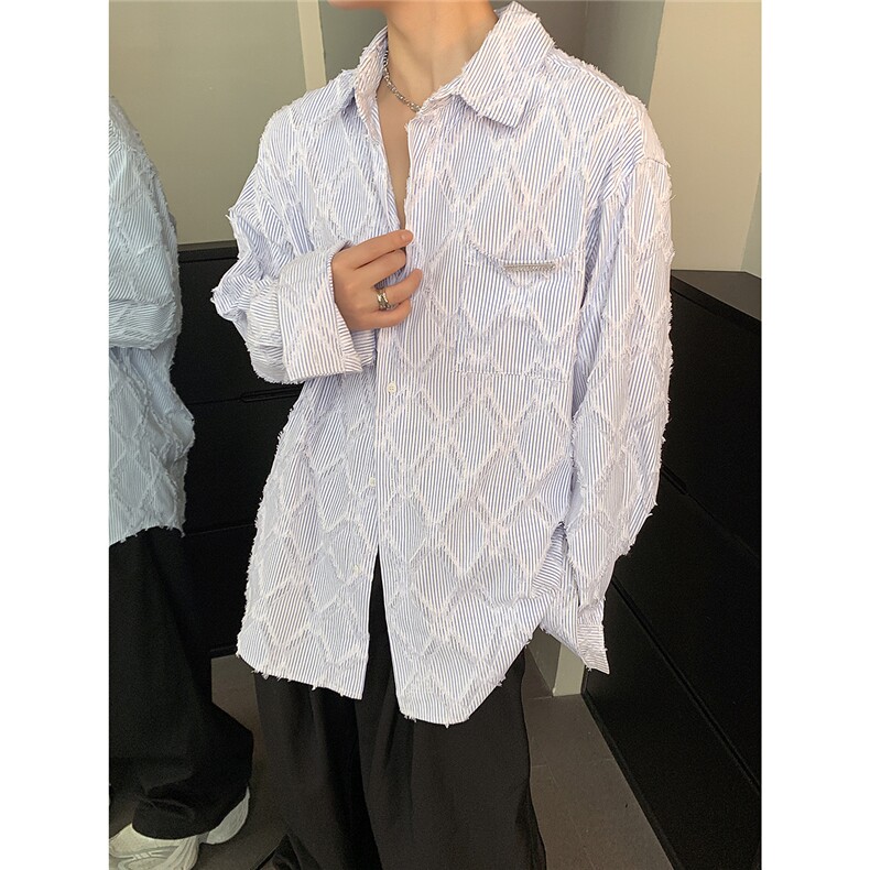 菱格流苏条纹蓝色长袖衬衫男2025春秋季美式休闲衬衣CS90-P58,男装衬衫,电商C307