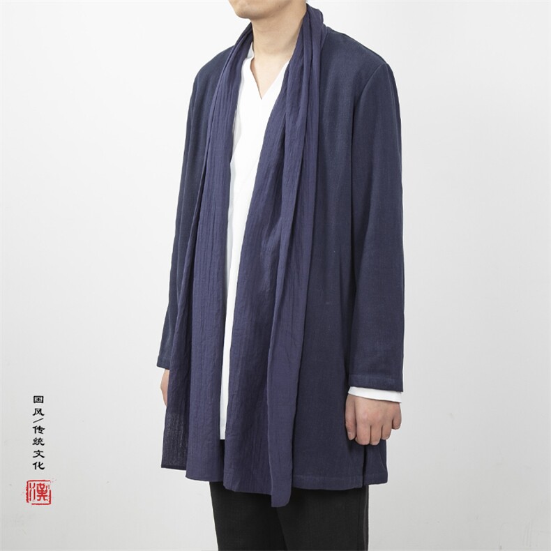 风男装中长款汉服风衣外套棉麻围巾领开衫汉服外套F002P95,男装风衣,钱塘802