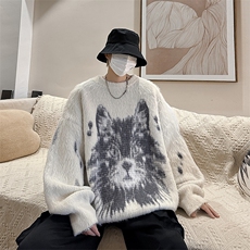 秋冬美式复古潮牌痞帅针织衫男设计感情侣猫咪提花毛衣M1696-P66，男装针织衫/毛衣，星座512-4