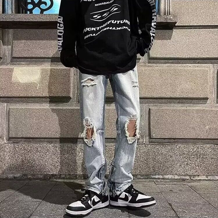 夏季vibe高街百搭潮牌破洞牛仔裤男宽松痞帅直筒休闲阔腿地拖,男装牛仔裤,星座218-1（原230）