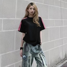 抖音得物品质二开240克宽松纯棉美式潮牌印花三条杠中性风短袖T恤，男装T恤，电商A486-1