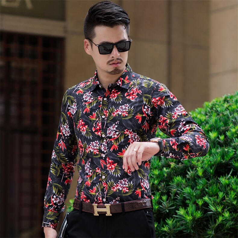 QT5012男装秋款花衬衫大码加肥韩版男式长袖衬衫C627p35蓝色,男装衬衫,星座1203