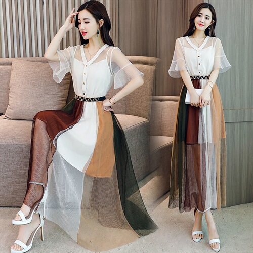 短袖中长款2021年夏季套头高腰圆领连衣裙简约修身气质，女装连衣裙，天丝秀