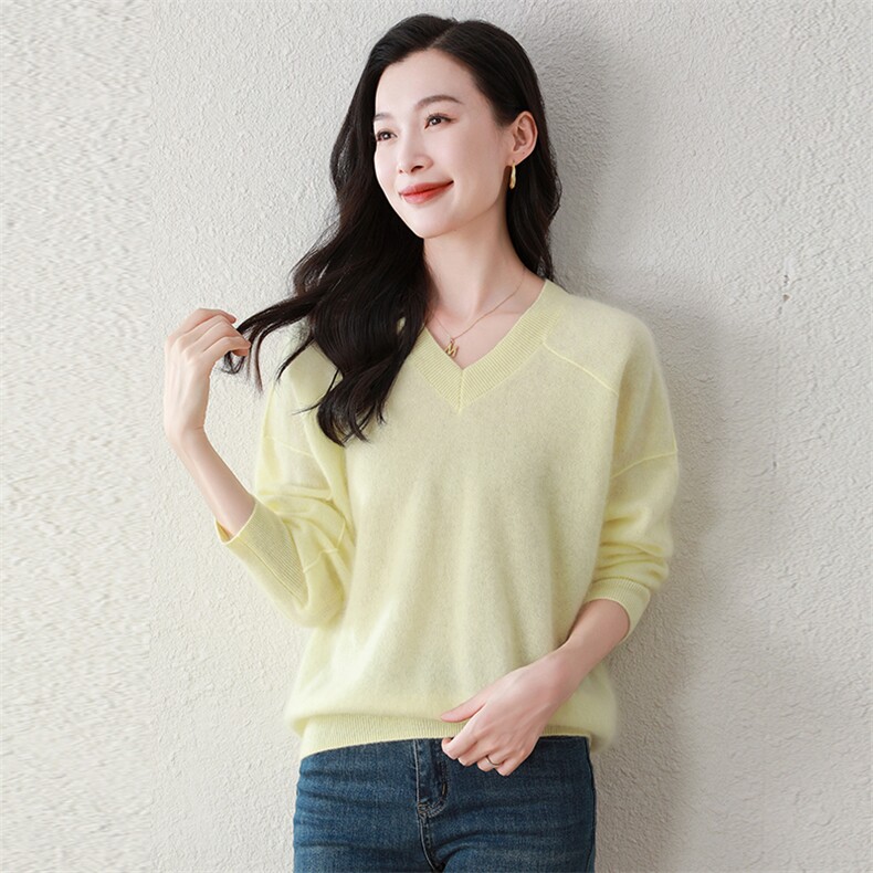 100%纯山羊绒秋冬新款v领拉绒休闲百搭软糯亲肤毛衣,女装羊绒衫,阿舍尔精品