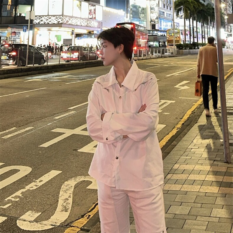 <自拍图>小众设计感金属扣拉链装饰长袖衬衫男潮牌CS658-P48,男装衬衫,星座1109-4