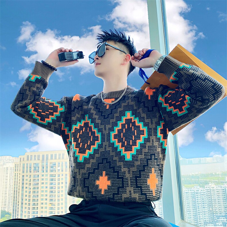 AM212/特P98控138/冬季社会小伙高级设计师民族风撞色毛衣男图首2,男装针织衫/毛衣,星座305B-1