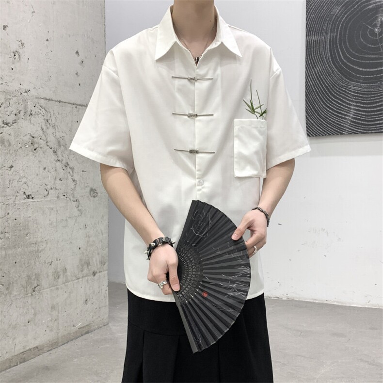 高级2025风新中式复古油画翠竹刺绣冰丝男女小众休闲短袖衬衫,男装衬衫,星座909