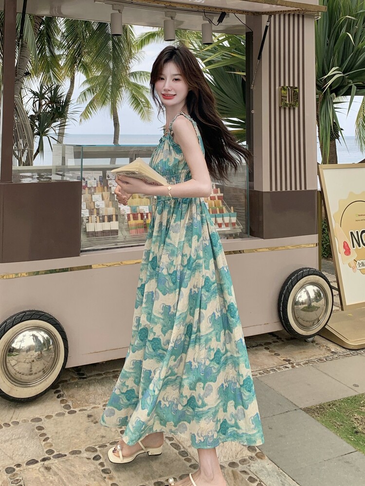超仙浪漫油画无袖吊带裙女夏季新款度假风森系绝美小个子连衣裙,女装连衣裙,浙宝210（原浙宝191）