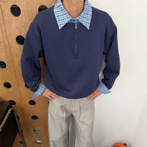 新款春季格子拼接简约卫衣学院风套头百搭少年感男女上衣潮原宿图片