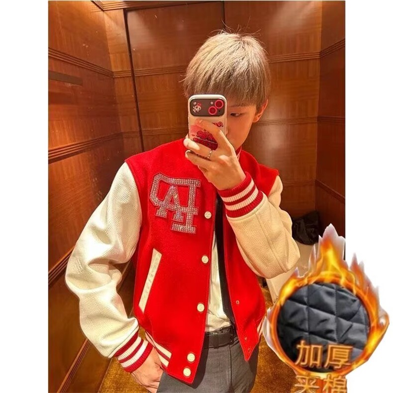 美式钉珠字母棒球服外套男潮牌重磅撞色皮袖宽松加绒上衣运动夹克,男装夹克,四季星座505