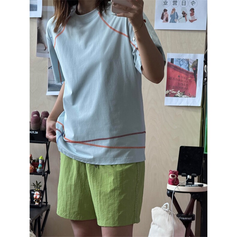 网图现货原版高品质对色对图夏季撞色明线短袖男女A716-P48,男装T恤,星座1505