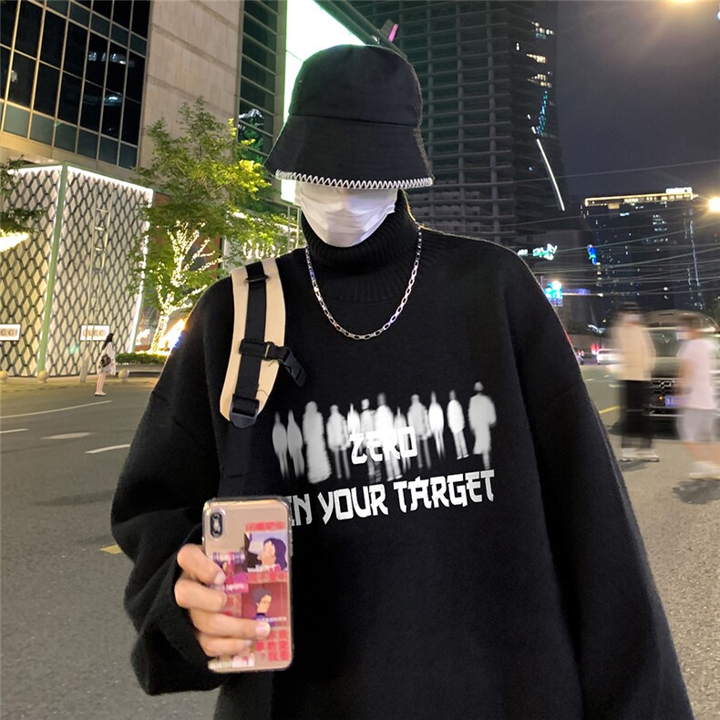 港风夜景创意人物字母印花时尚半高领毛衣A247-M6941特批50控88,男装针织衫/毛衣,电商A247