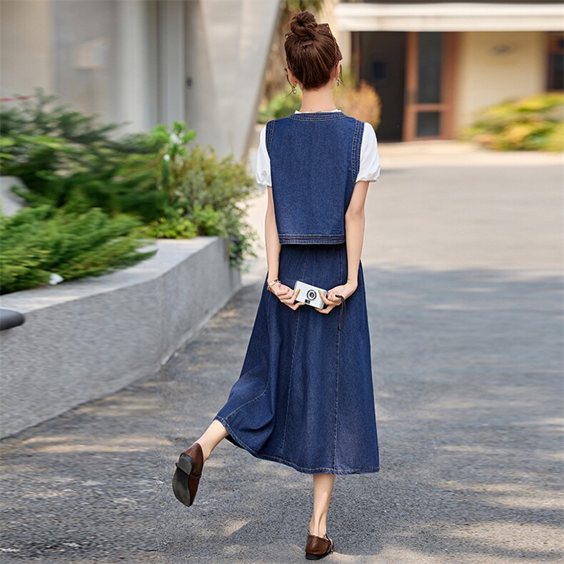 时尚休闲牛仔马甲套装裙女2025夏季新款短袖衬衫高腰半身裙三件套,女装套装/套裙,罗腾