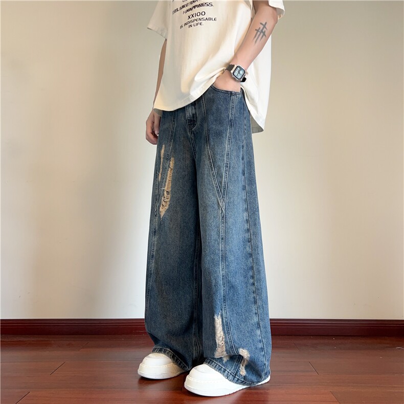抖音品质美式潮流拼接破洞设计宽松阔腿裤B315-K25455-特p40控78,男装牛仔裤,电商B315