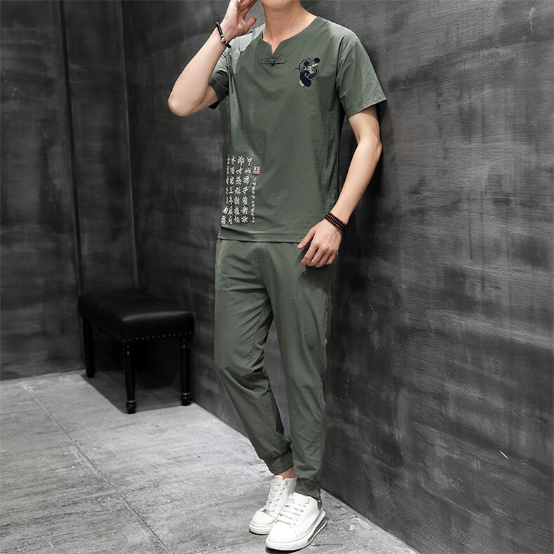 风刺绣短袖T恤套装男士大码宽松长裤男休闲复古潮HO15332-P58,男装休闲套装,星座1105-3