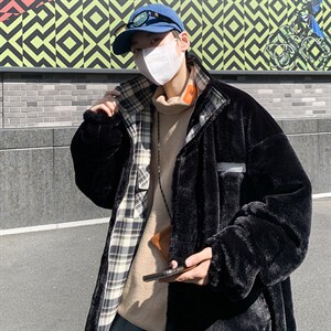 冬季棉服加厚保暖格子棉衣港风潮流两面穿羊羔毛外套男MY56-P135图片