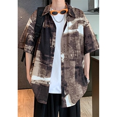 WE1663-P34水墨画短袖衬衫男夏季冰丝垂感薄款宽松痞帅沙滩，男装T恤，电商B323A