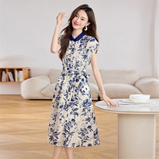 复古碎花天丝麻连衣裙女2025夏新款时尚撞色翻领收腰气质衬衫裙子，女装连衣裙，关键词