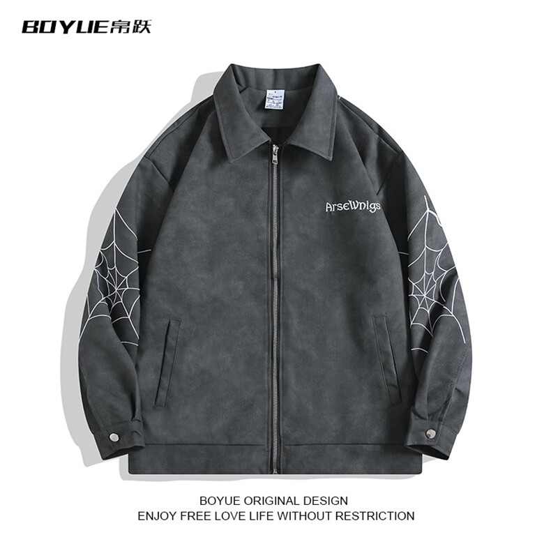 蜘蛛网刺绣皮衣外套男潮风高级感痞帅美式高街机车夹克HH8549P76,男装皮衣,星座1013-5