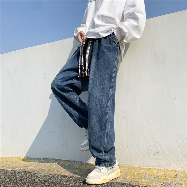 美式复古牛仔裤男女宽松春秋抽绳松紧腰直筒高街阔腿裤子NG02-P48,男装牛仔裤,星座1008-1