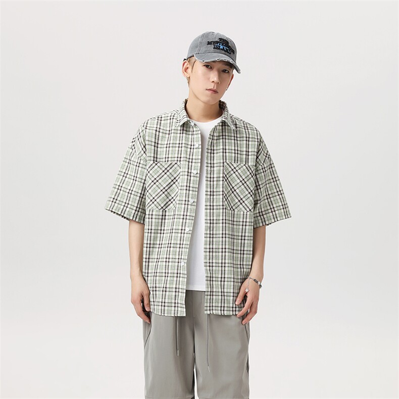短袖衬衫复古潮流宽松休闲夏威夷风格子衬衣外套A436-7206-P50,男装衬衫,电商A436