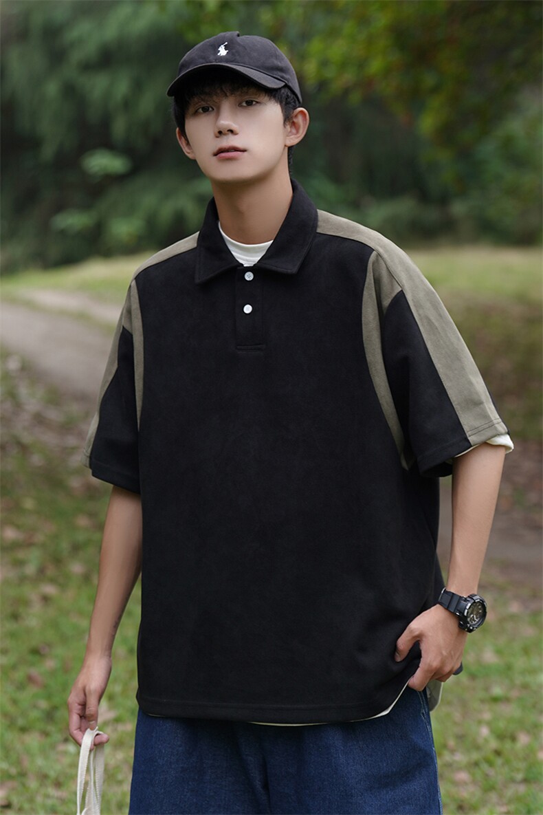 A177-T515夏季新款麂皮绒拼接男生短袖POLO衫94%聚酯纤维6%氨纶,男装Polo衫,电商A177