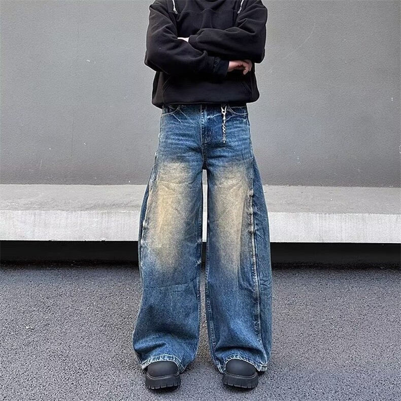 美式复古垂感解构宽松香蕉裤水洗做旧弯刀牛仔裤男女长裤N178-P62，男装牛仔裤，星座208-5
