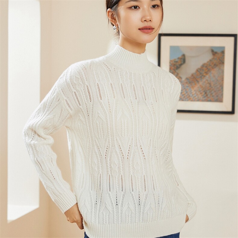 优雅气质纯色半高领绞花时尚百搭通勤羊绒衫,女装羊绒衫,澳冬特羊绒