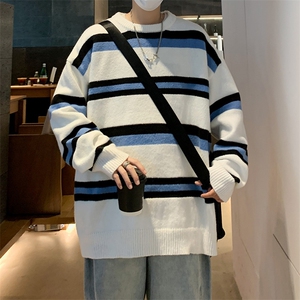 M9106/P60秋冬新款圆领毛衣男百搭简约潮宽松条纹打底针织衫