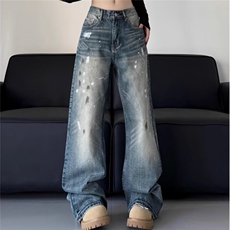 美式复古cleanfit泼墨牛仔裤男女潮宽松直筒阔腿欧美休闲拖地裤子，男装牛仔裤，星座1210-1