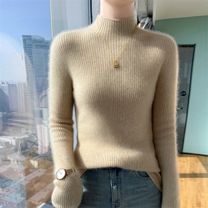 无缝一线抽条山羊绒衫软糯亲肤修身内搭女秋冬羊毛打底半高领毛衣图片