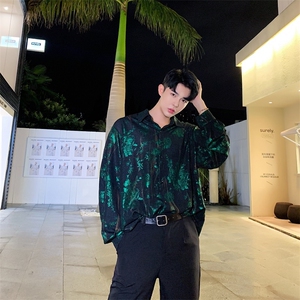 春秋网红复古洋气长袖衬衫男小众烫金印花潮流痞帅衬衣1156-P75图片