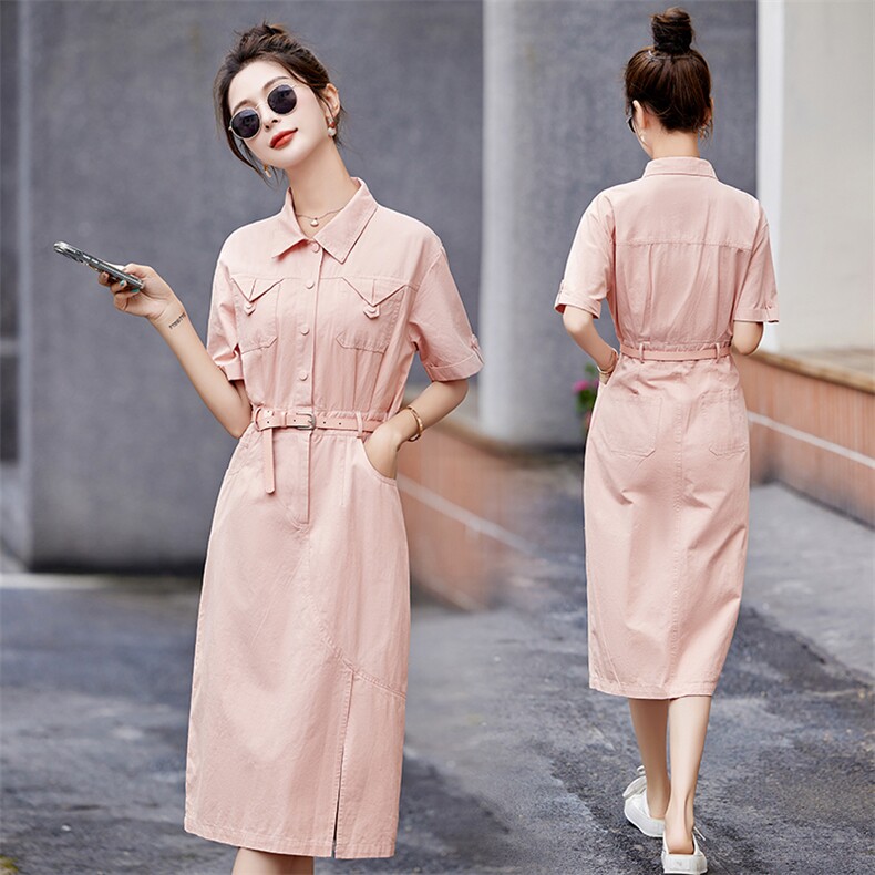 2024新款时尚简约夏季连衣裙显瘦修身中长款女装气质百搭粉色衬衫裙，女装连衣裙，涵亦佰惠
