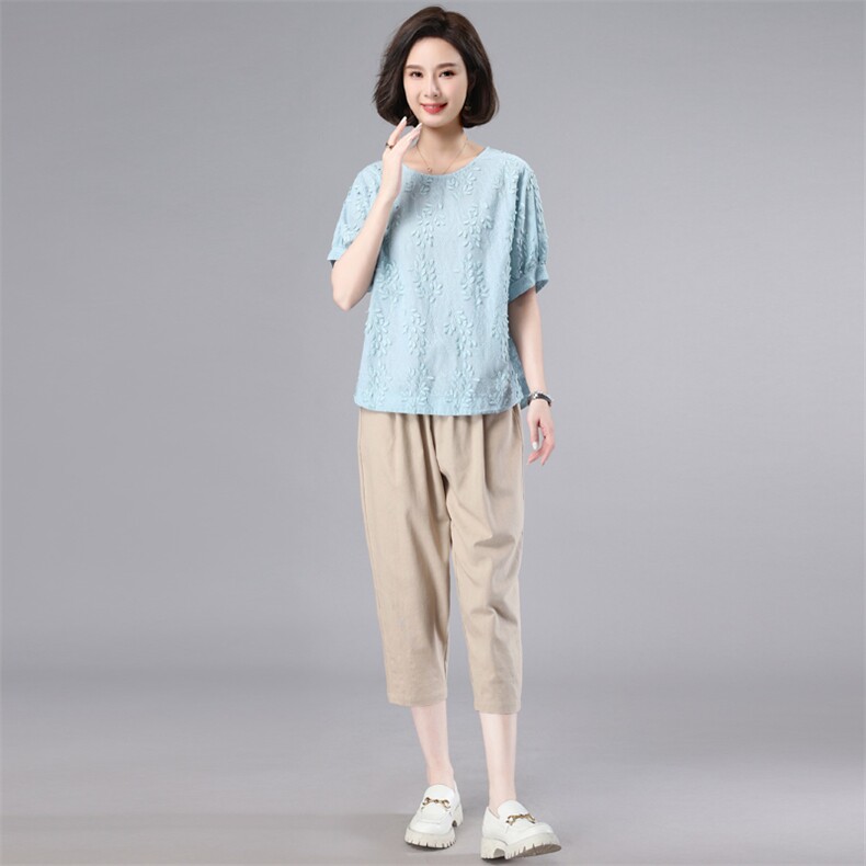 时尚套装女2023夏装新款立体绣红T恤休闲七分裤气质两件套,女装套装/套裙,奕阳依阁