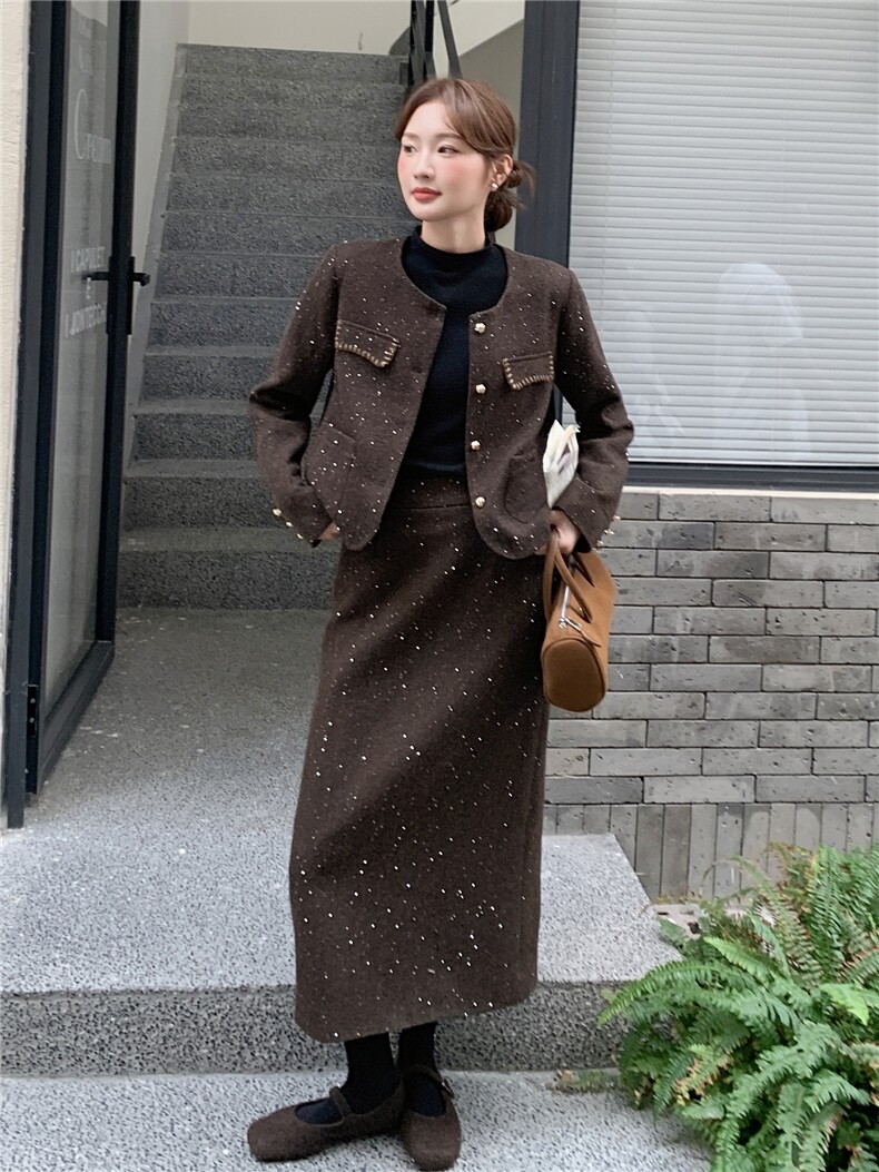 现货-高级感时尚套装2025年秋冬新款加厚夹棉气质两件套套装女,女装套装/套裙,霓裳依族